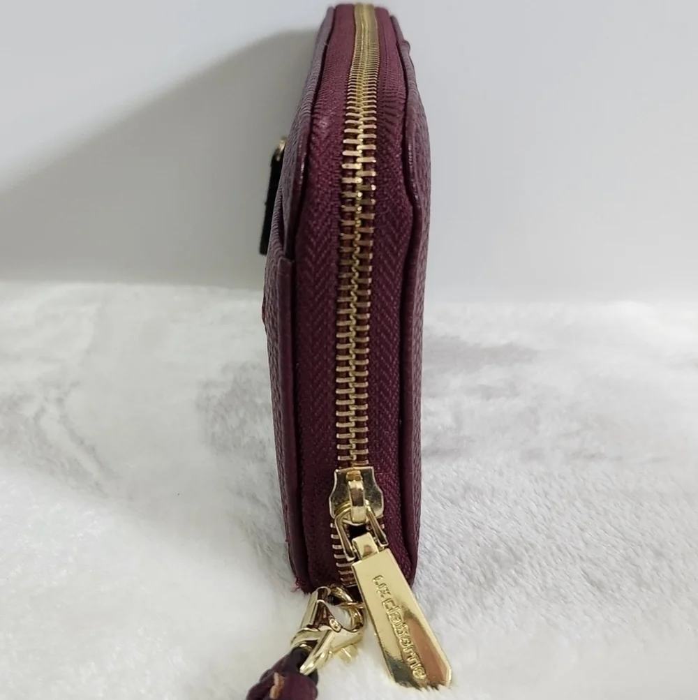 Liz Claiborne Erica Zip Around Faux Leather Gold Dark Wine Wristlet Wallet